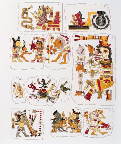 Facsimile copy of a page of the Borgia codex depicting different scenes by Mixtec